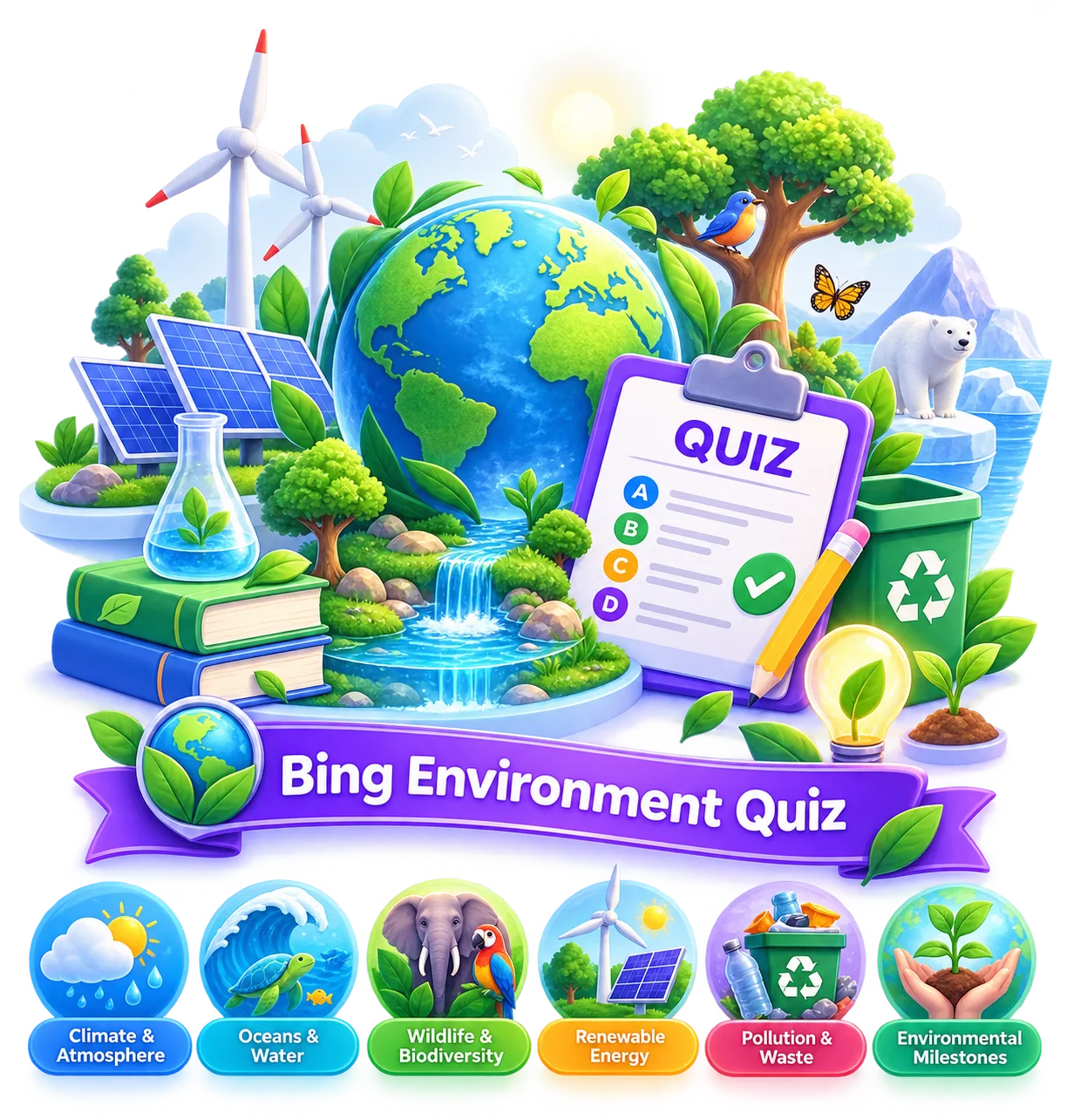 Illustration representing the Bing Environment Quiz's mix of climate, ocean, and wildlife topics