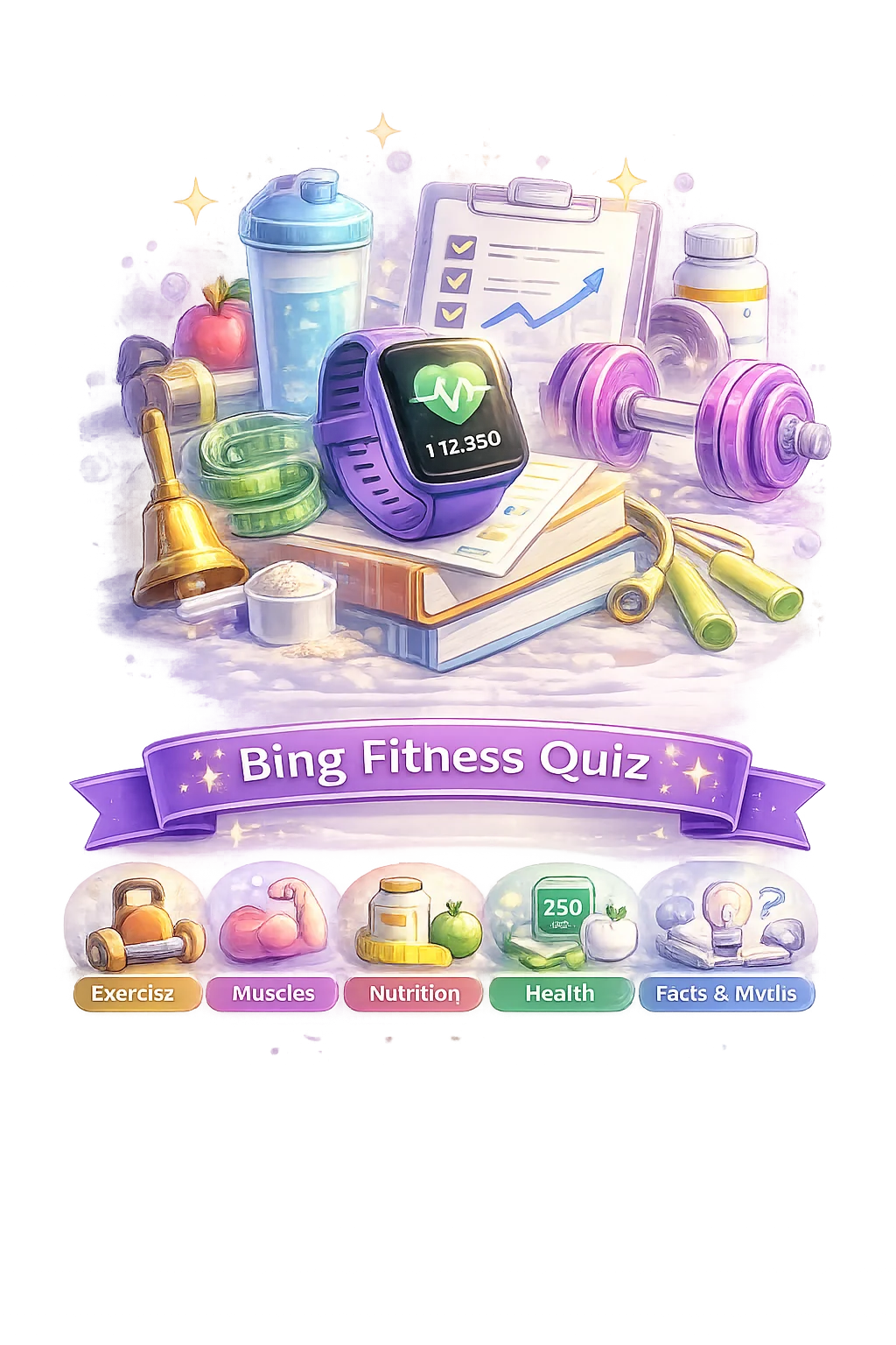 Illustration representing the Bing Fitness Quiz's mix of topics