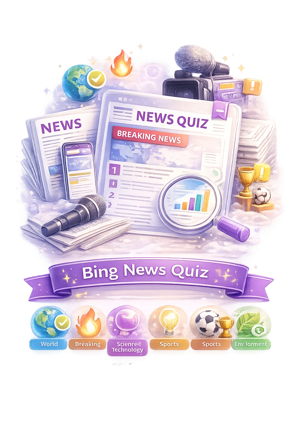 Illustration representing the Bing News Quiz's mix of global topics