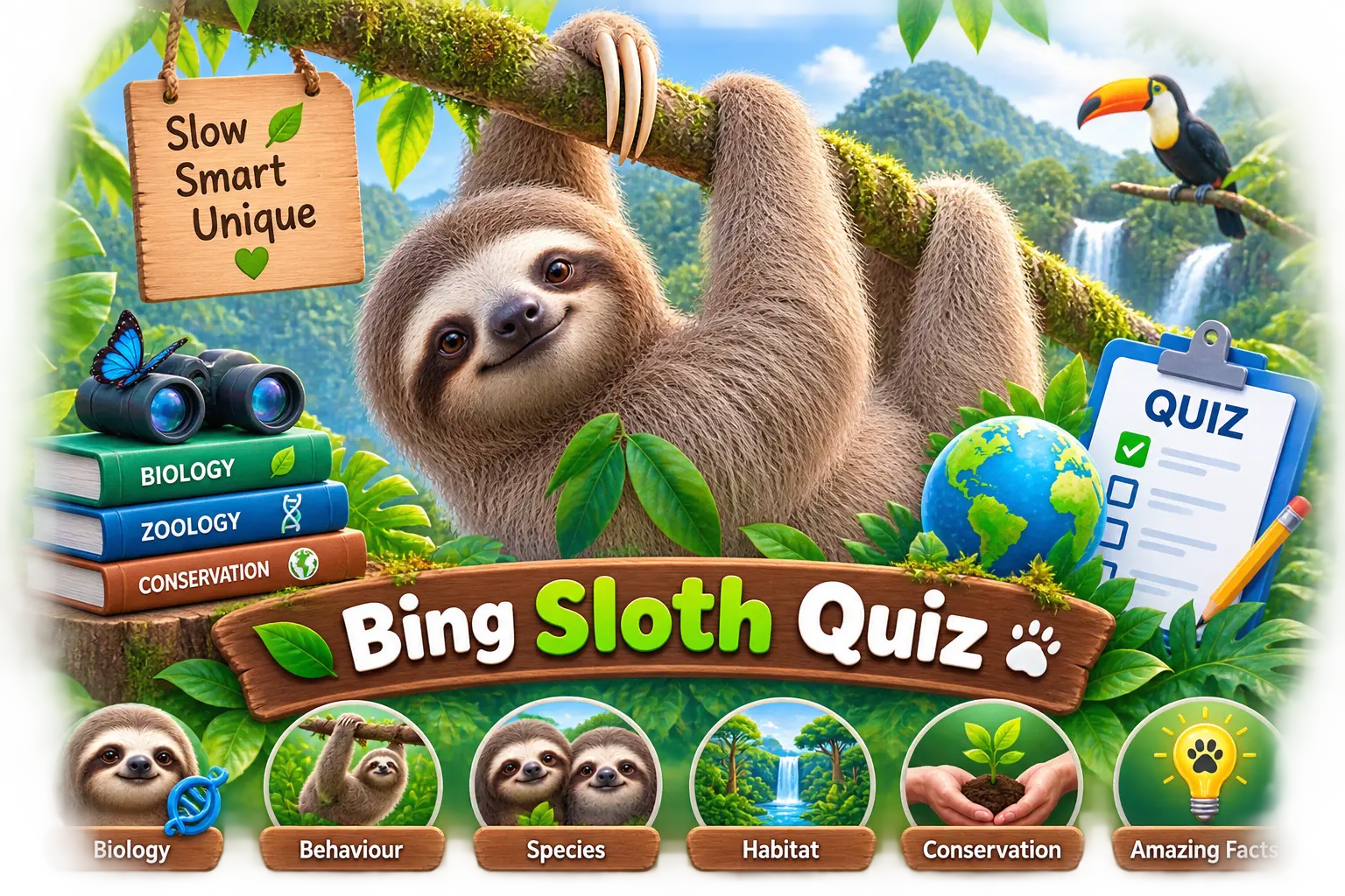 Illustration representing the Bing Sloth Quiz's mix of sloth biology, behaviour, and habitat topics