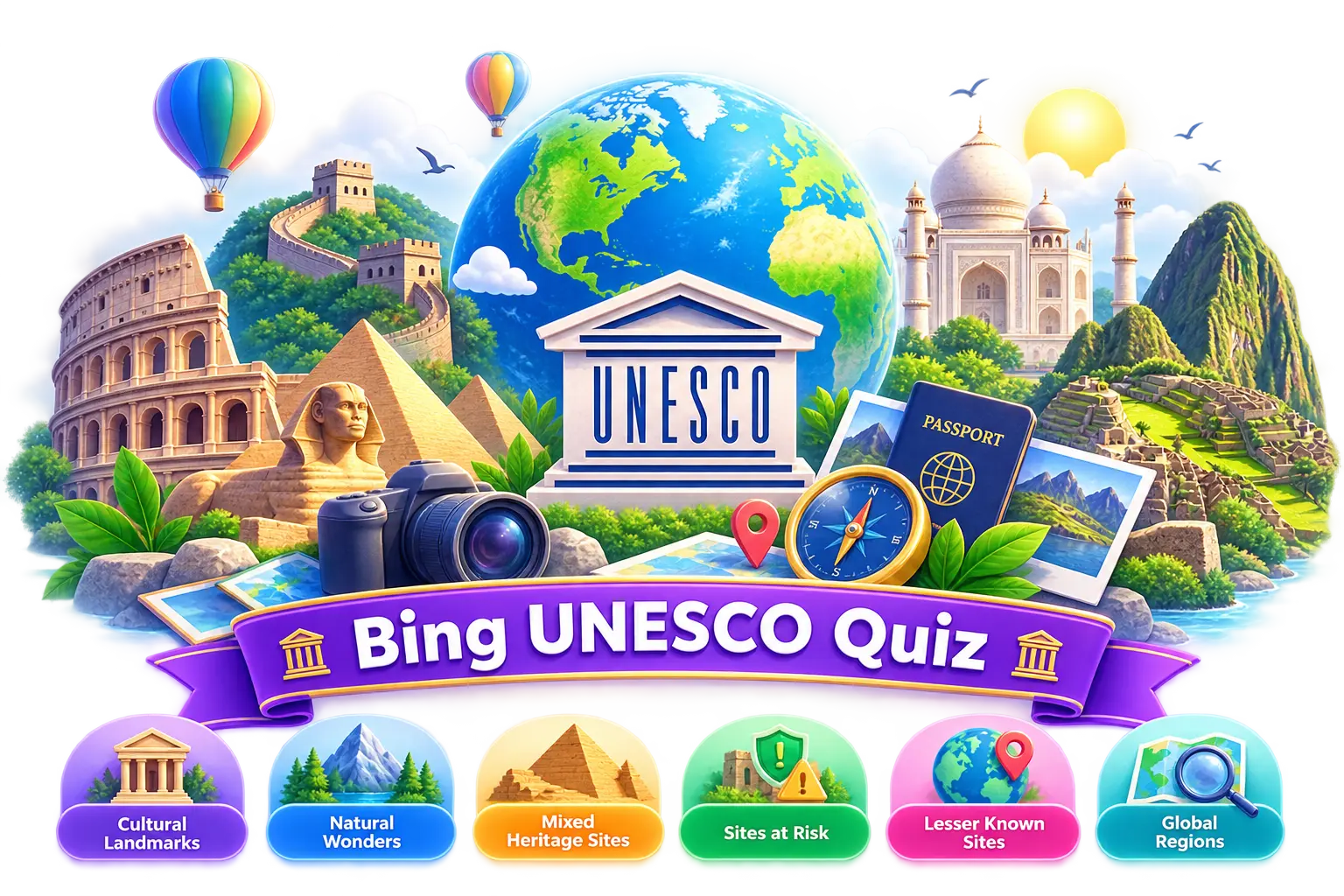 Illustration representing the Bing UNESCO Quiz's mix of world heritage sites